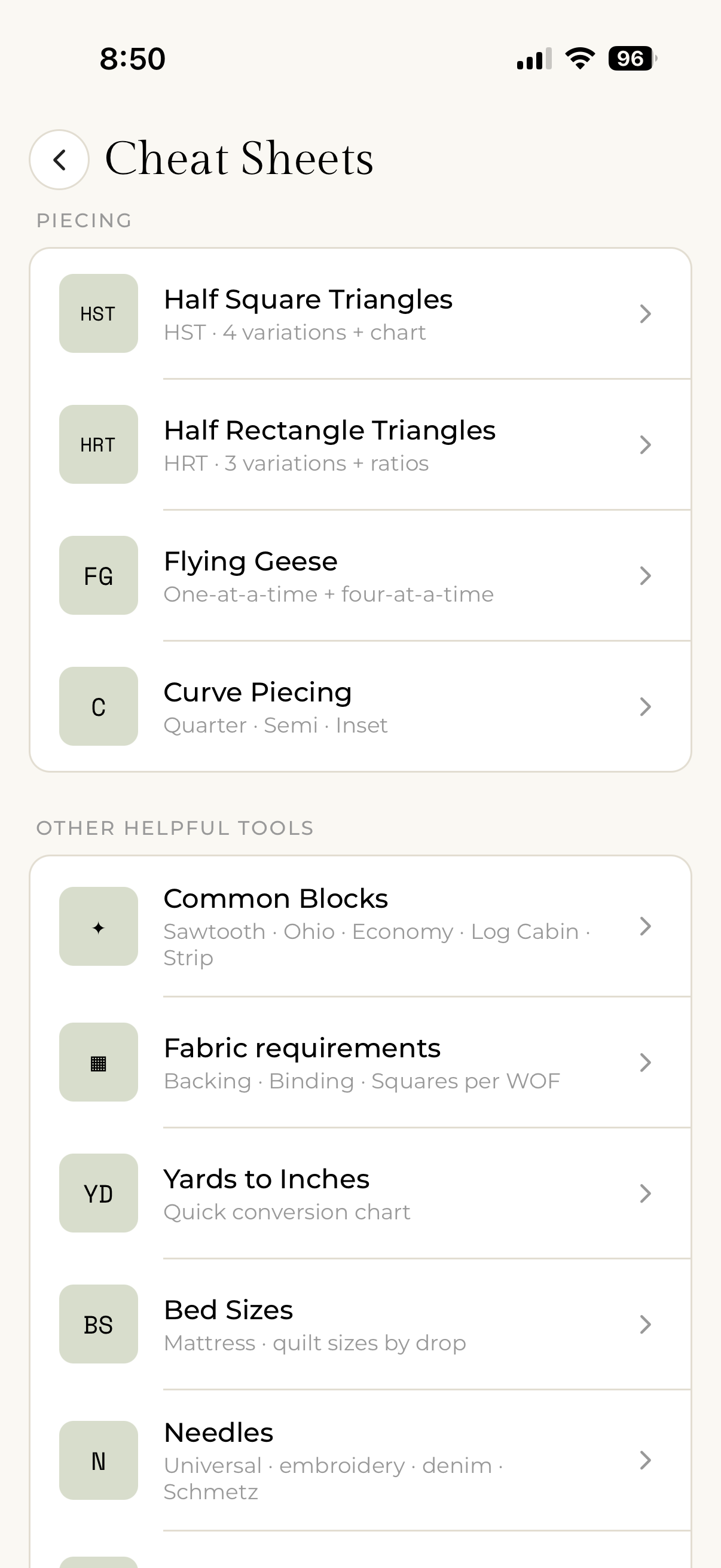 My Quilts quilting cheat sheet screen