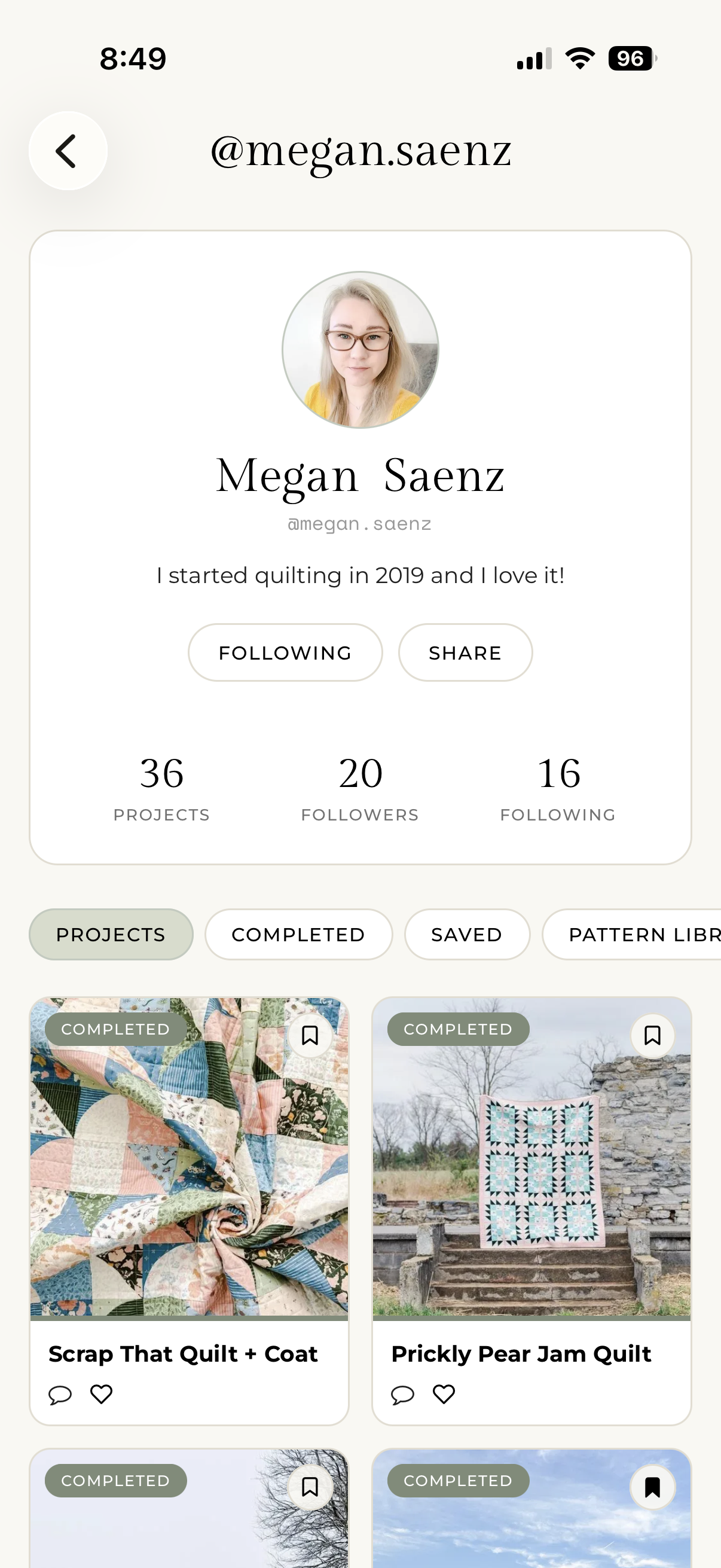 My Quilts quilter profile screen
