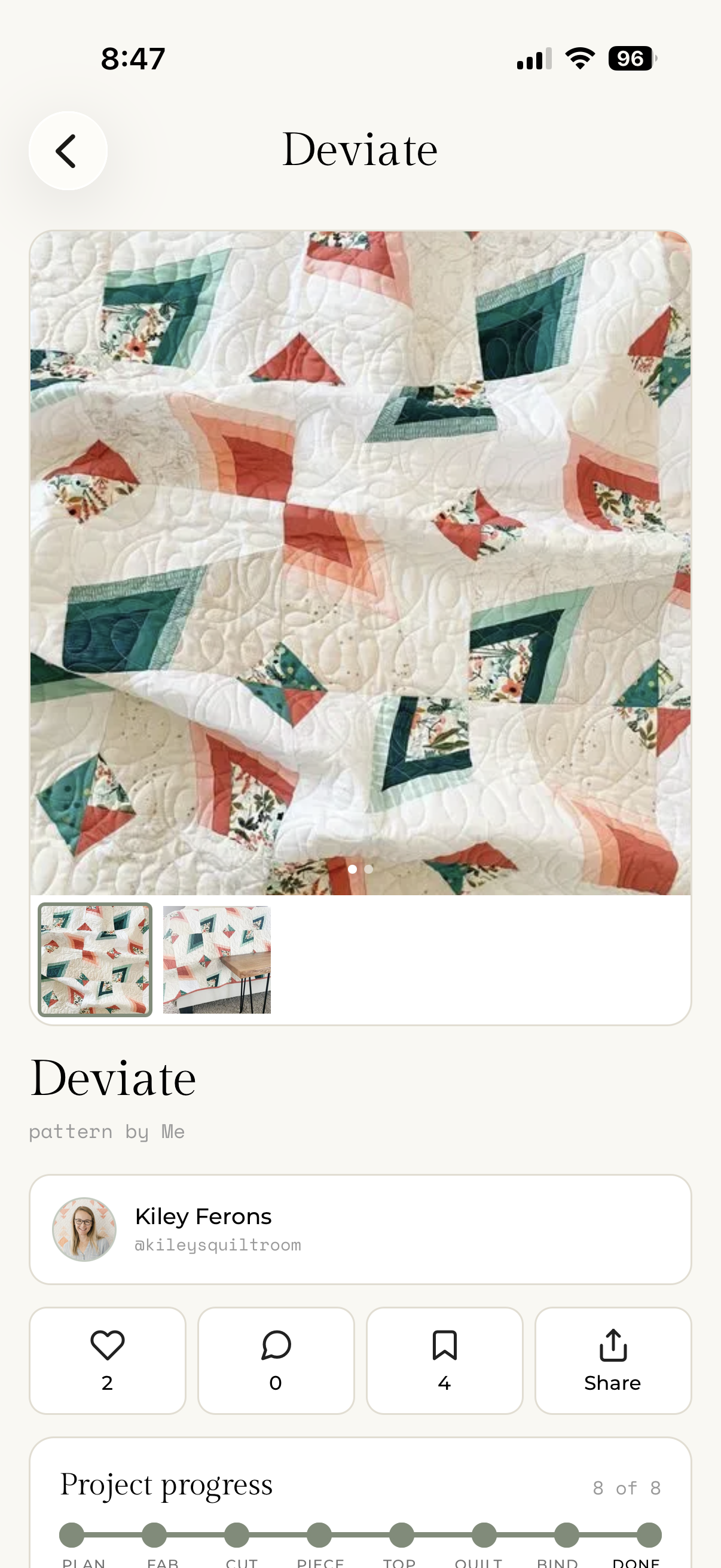 My Quilts project detail screen